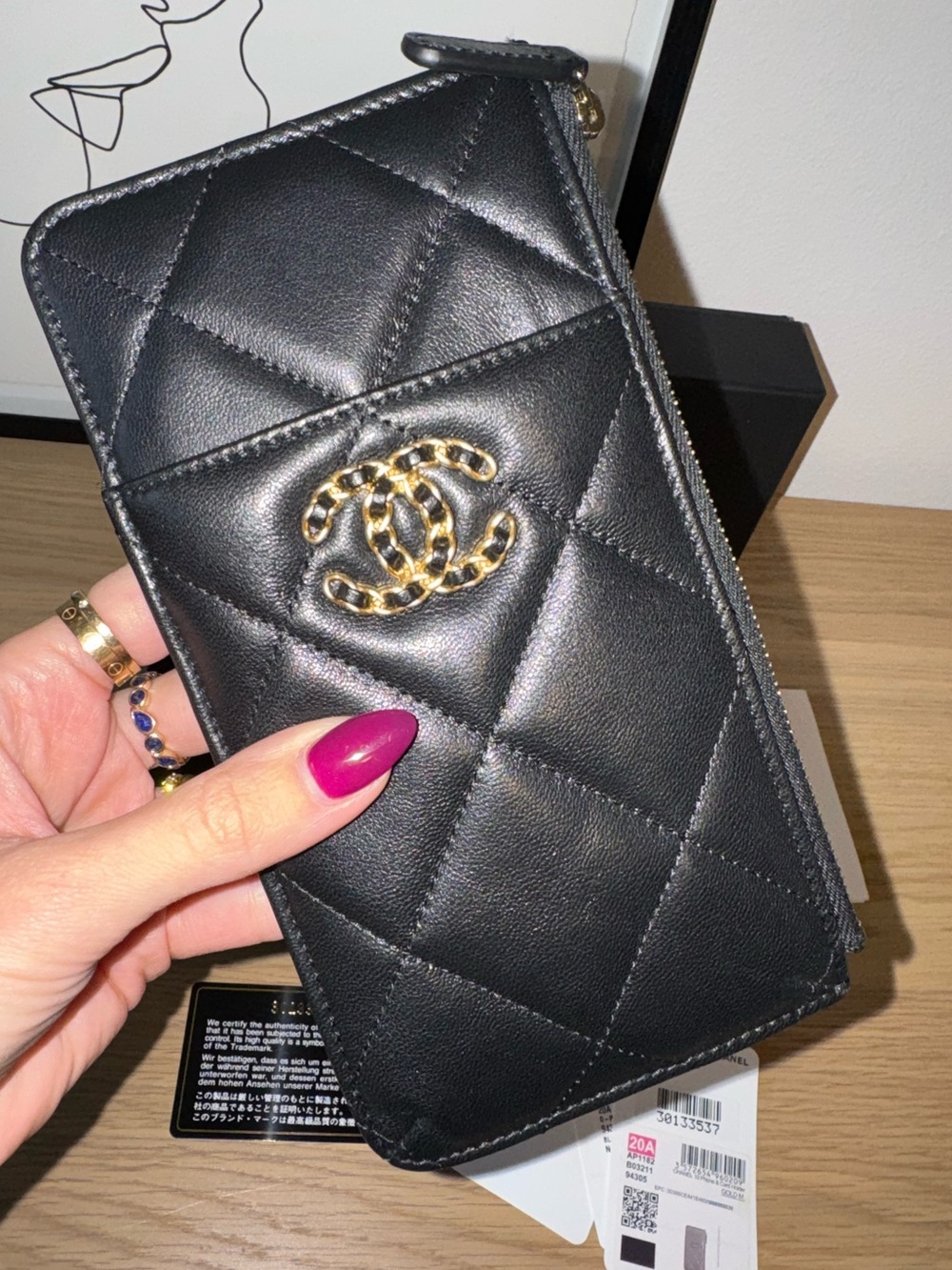 CHANEL 19 Black Quilted Leather Zip Wallet + Phone Case with Gold CC Emblem